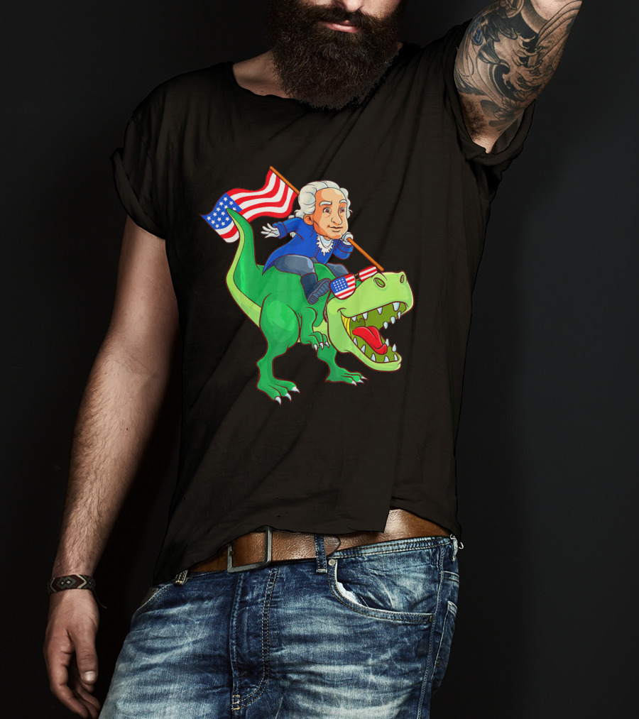 George Washington Riding Rex Dinosaur With American Flag And Sunglasses T-Shirt