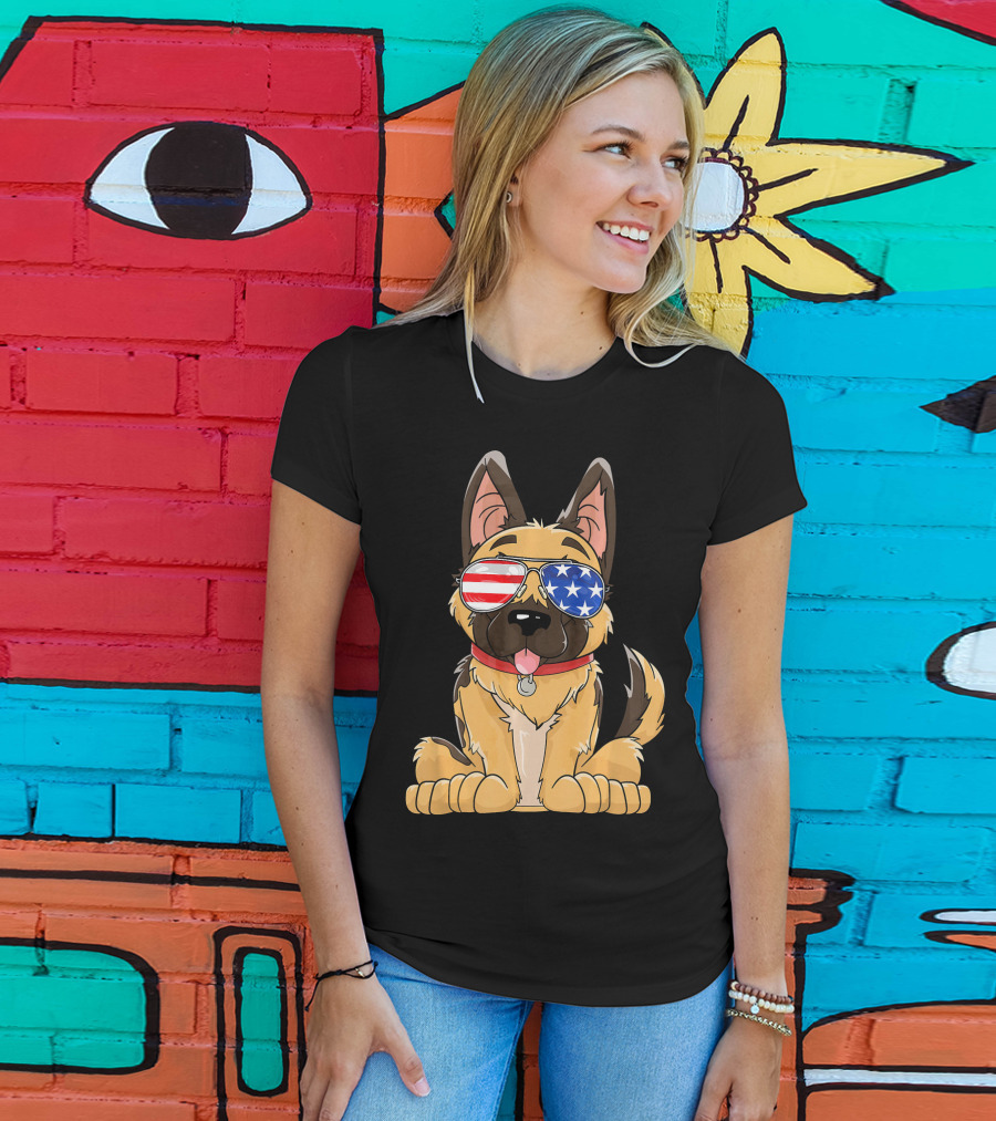 German Shepherd USA Flag Sunglasses T-Shirt