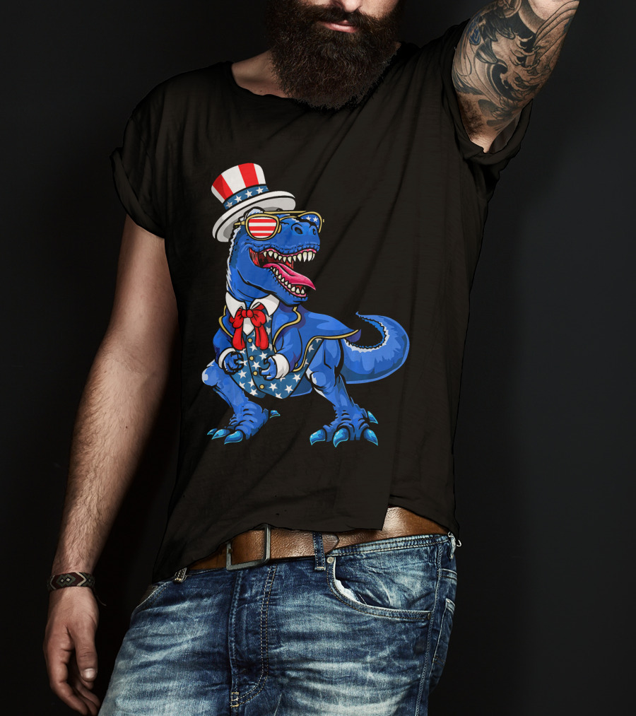 Patriotic Dinosaur With American Flag Hat And Glasses T-Shirt