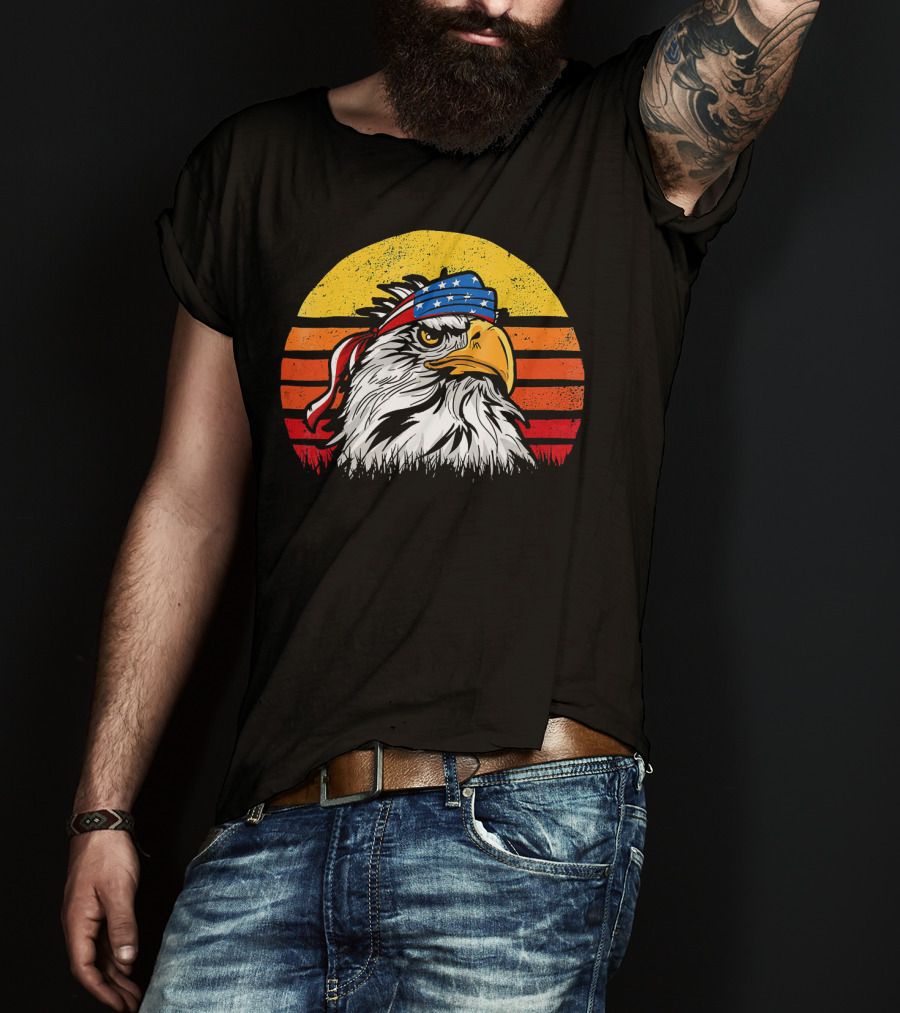Retro Mullet Eagle With American Flag Bandana And Sunburst Patriotic T-Shirt