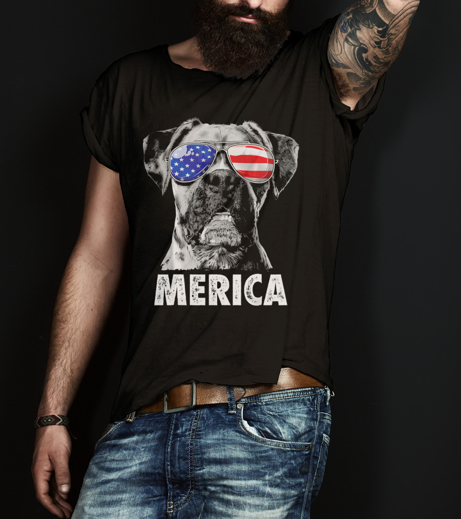 Merica Boxer Dog With American Flag Sunglasses T-Shirt
