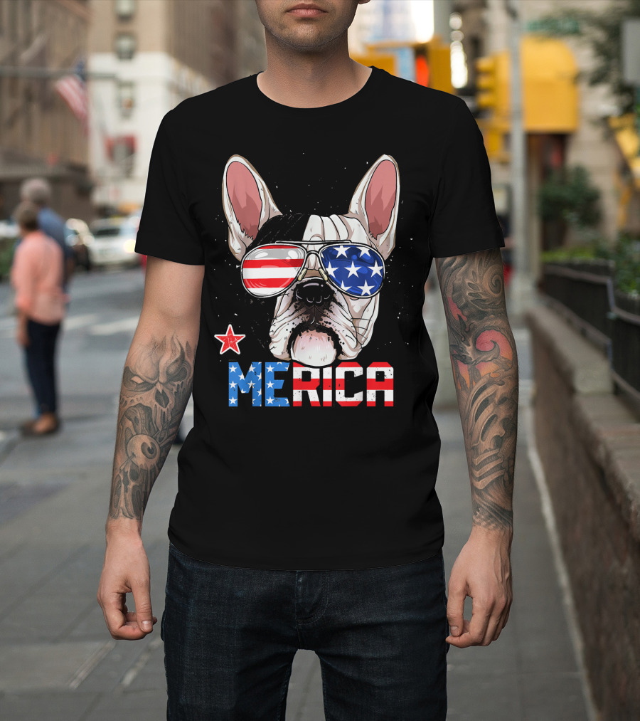 French Bulldog Merica USA Flag Glasses 4th of July T-Shirt