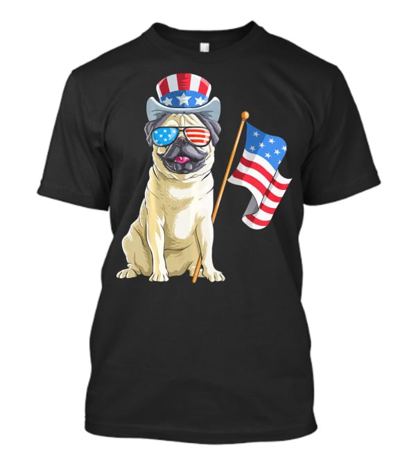 Pug In Patriotic Hat And Sunglasses Holding American Flag T-Shirt
