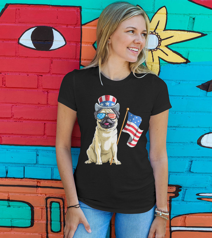 Pug In Patriotic Hat And Sunglasses Holding American Flag T-Shirt