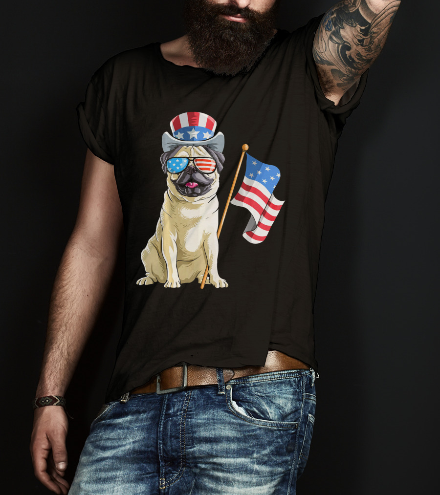 Pug In Patriotic Hat And Sunglasses Holding American Flag T-Shirt