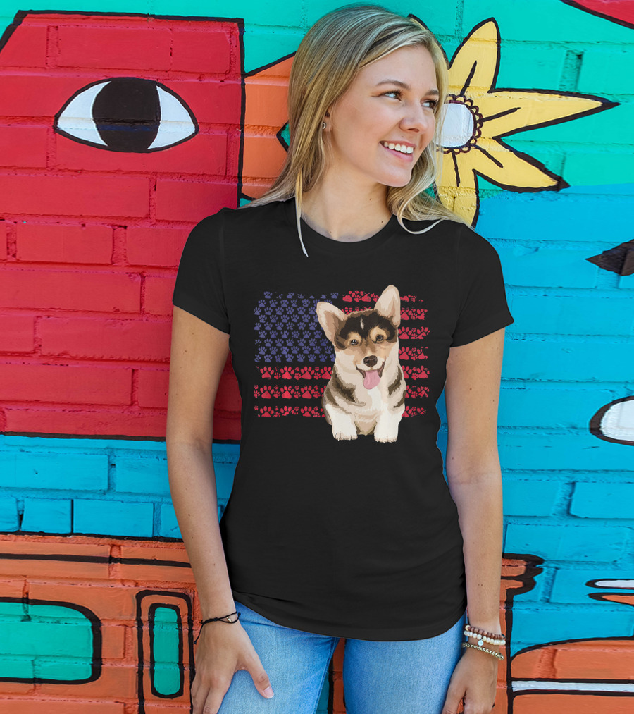 American Flag Corgi Dog With Paw Prints T-Shirt
