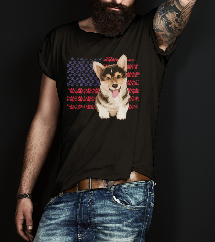 American Flag Corgi Dog With Paw Prints T-Shirt