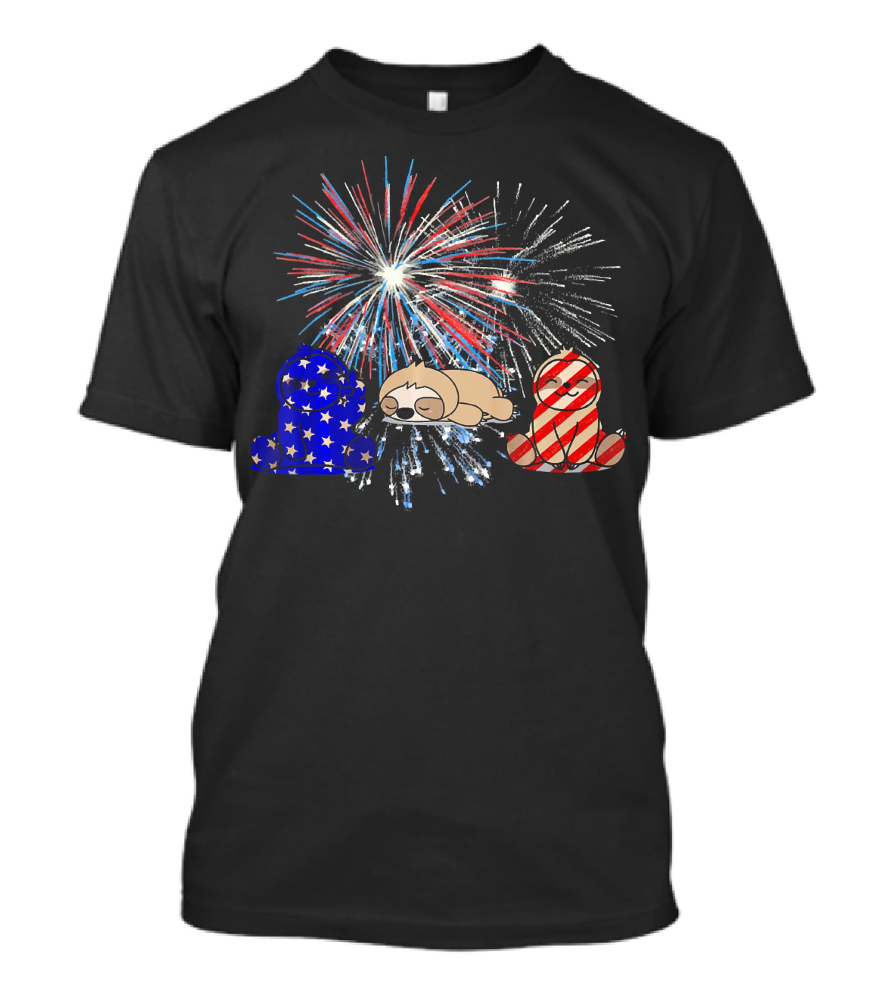 Red White Blue Sloth Fireworks Patriotic T-Shirt