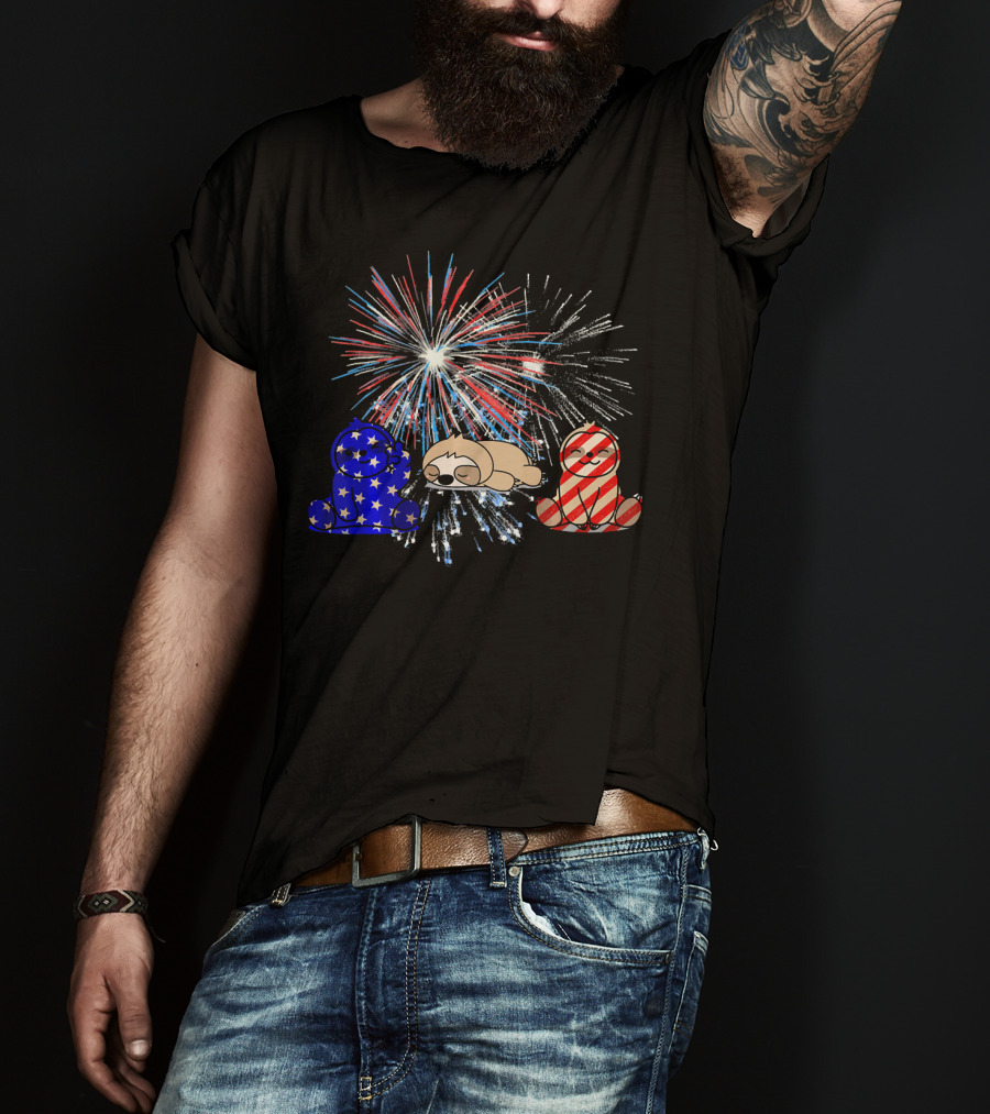 Red White Blue Sloth Fireworks Patriotic T-Shirt