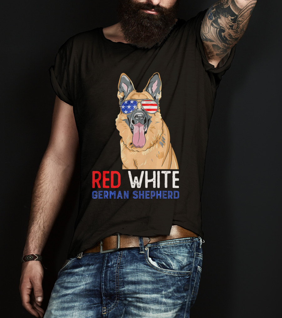 Red White German Shepherd USA Sunglasses Stars Stripes T-Shirt