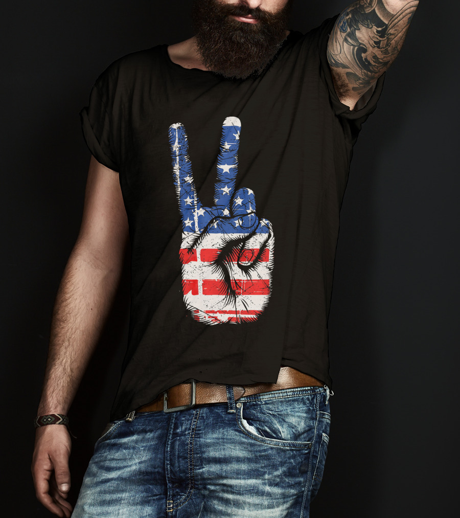 American Flag Peace Sign Hand Gesture T-Shirt