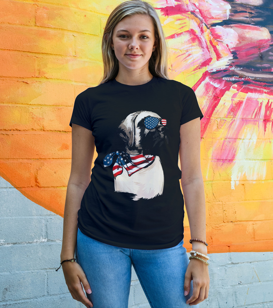 American Flag English Mastiff With Patriotic Stars And Stripes Sunglasses And Scarf T-Shirt