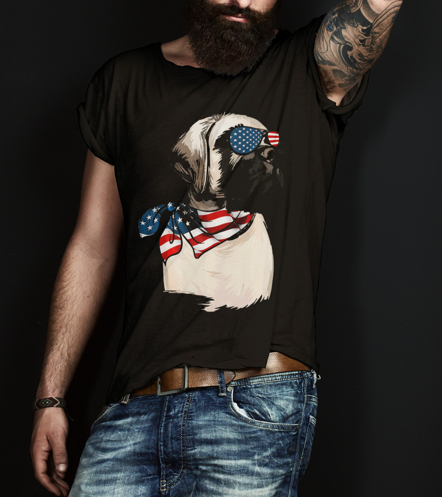 American Flag English Mastiff With Patriotic Stars And Stripes Sunglasses And Scarf T-Shirt