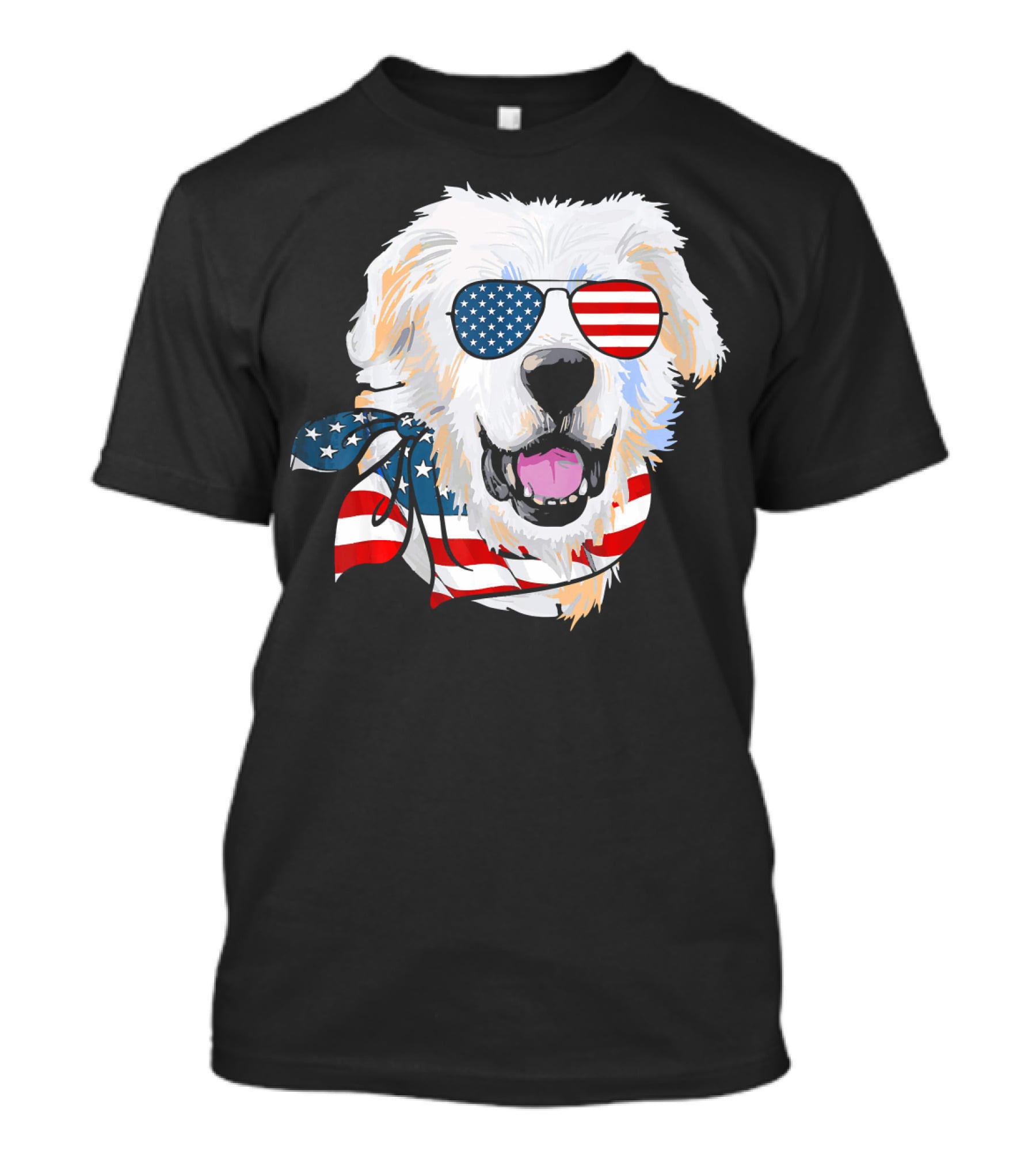 American Flag Great Pyrenees Dog With Patriotic Sunglasses And Bandana T-Shirt