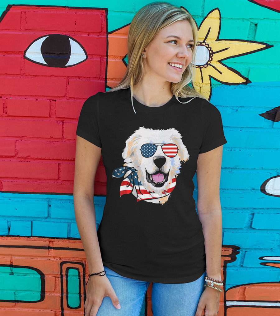 American Flag Great Pyrenees Dog With Patriotic Sunglasses And Bandana T-Shirt