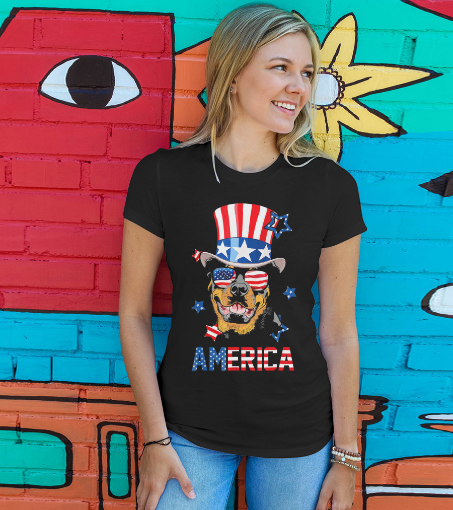 America Rottweiler Wearing Patriotic Top Hat And Sunglasses T-Shirt