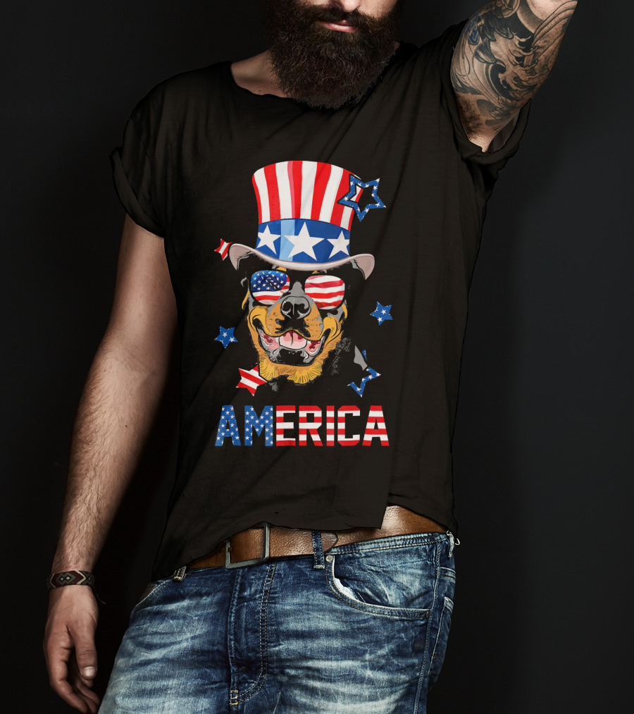 America Rottweiler Wearing Patriotic Top Hat And Sunglasses T-Shirt