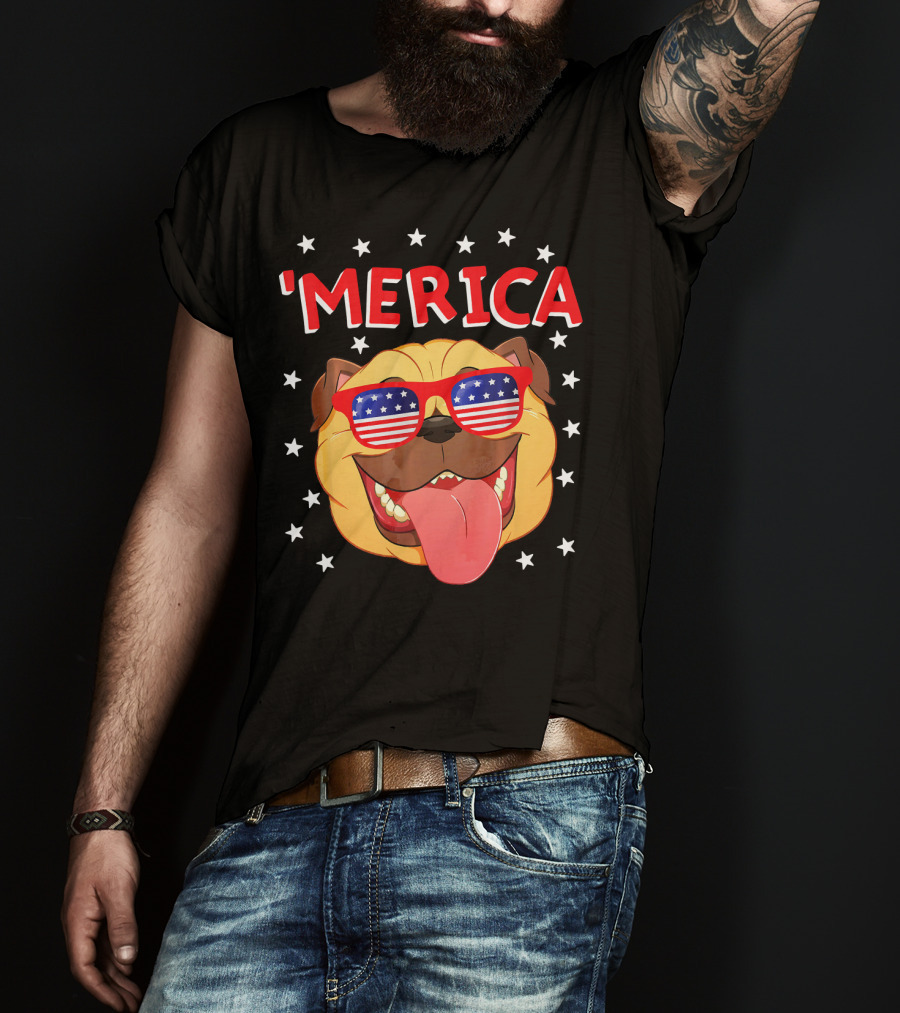 'Merica Pug Wearing American Flag Sunglasses With Stars T-Shirt