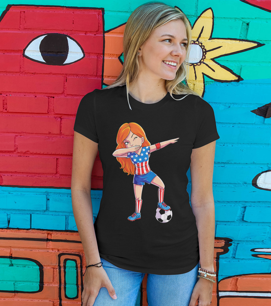 Dabbing Soccer Girl USA Flag Stars And Stripes Jersey T-Shirt