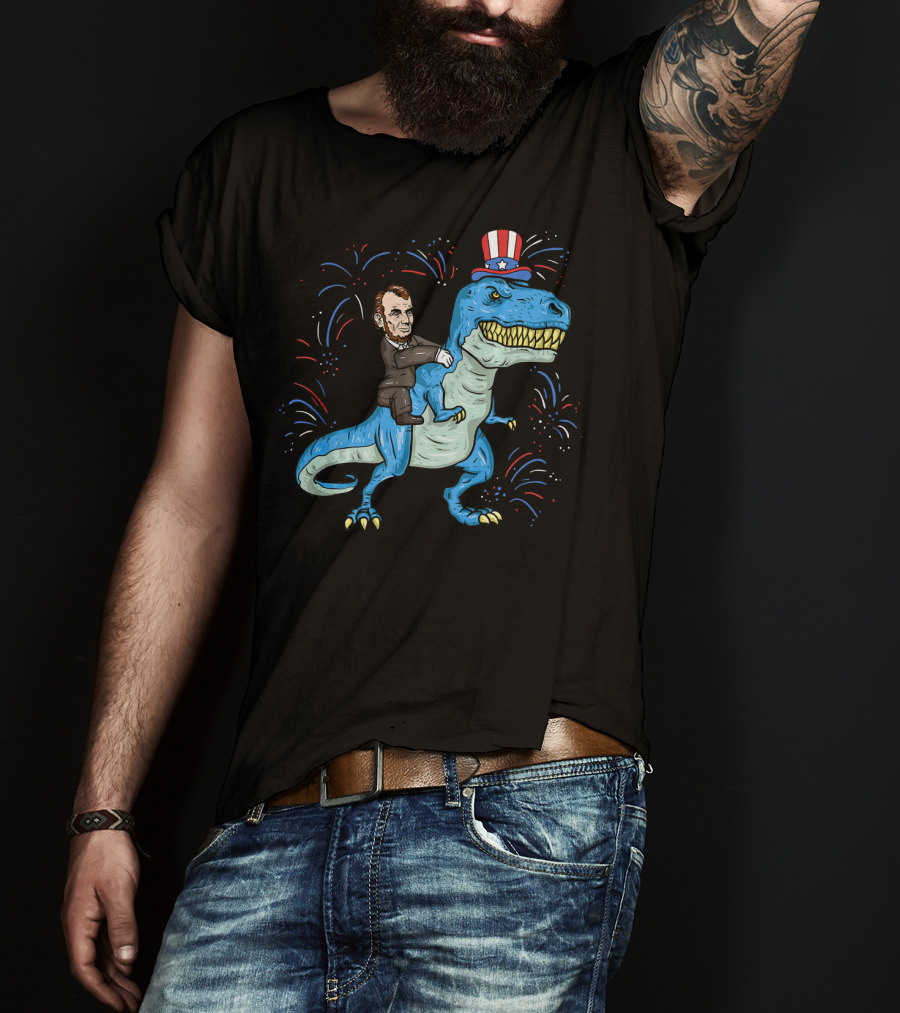 Abe Lincoln Patriotic Dinosaur Riding Fireworks Hat T-Shirt