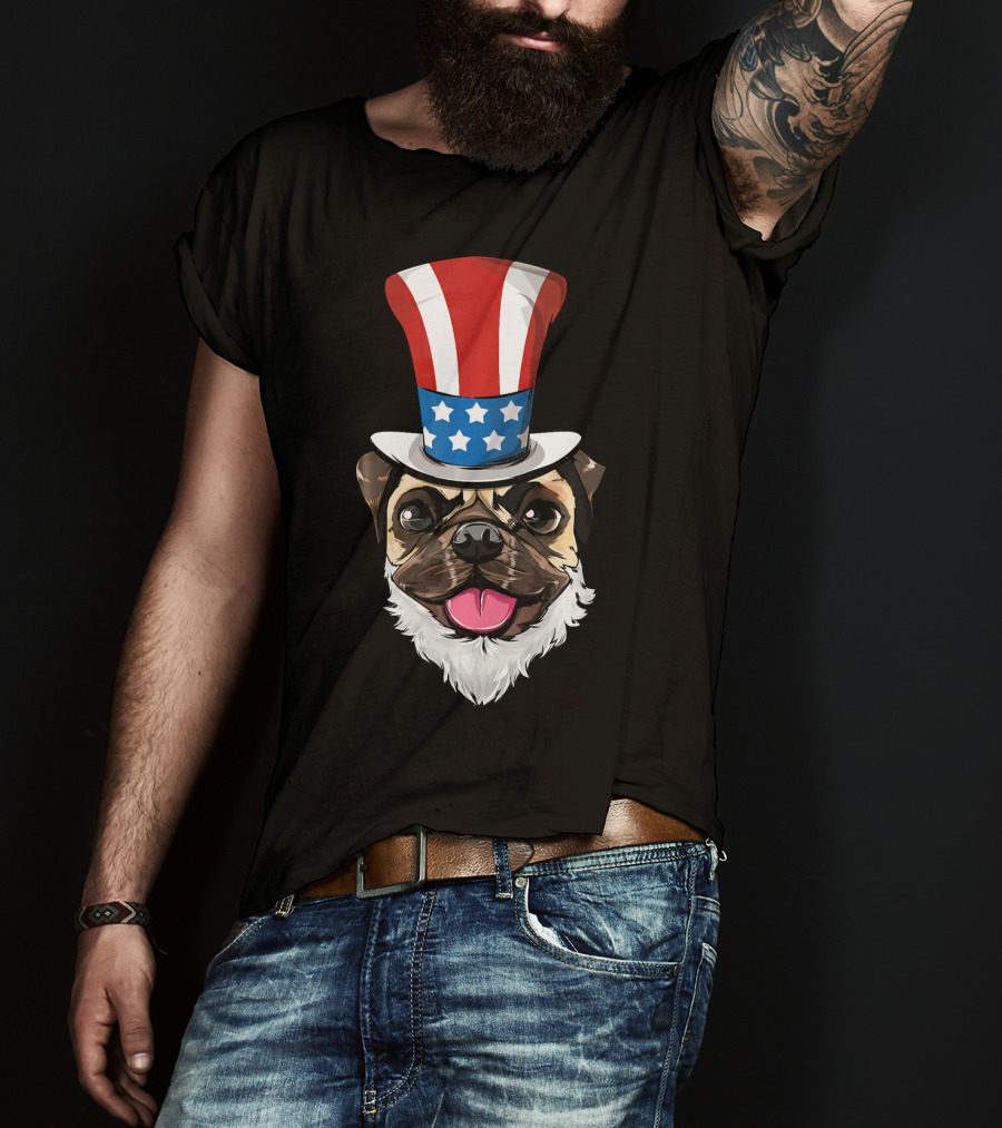Pug Dog Wearing Uncle Sam Hat And Lincoln Beard T-Shirt