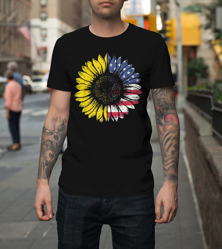 Sunflower With American Flag Stars And Stripes Patriotic T-Shirt