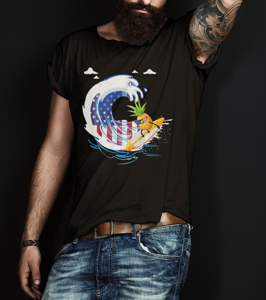 Pineapple Surfing American Flag Wave Hawaiian T-Shirt