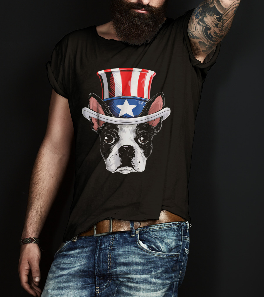 Boston Terrier Wearing Uncle Sam Hat With Star And Stripes T-Shirt