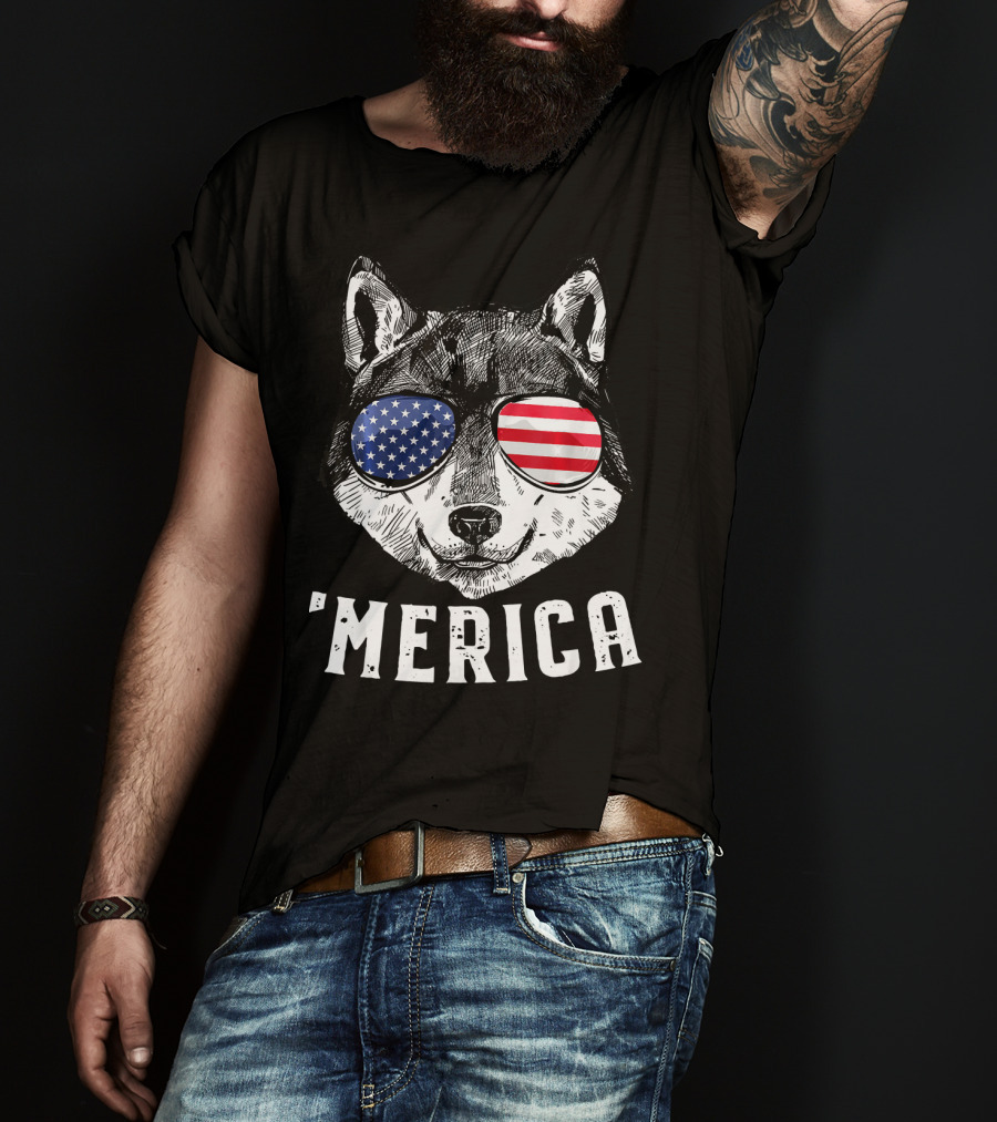 Patriotic Wolf American Flag Sunglasses 'Merica T-Shirt