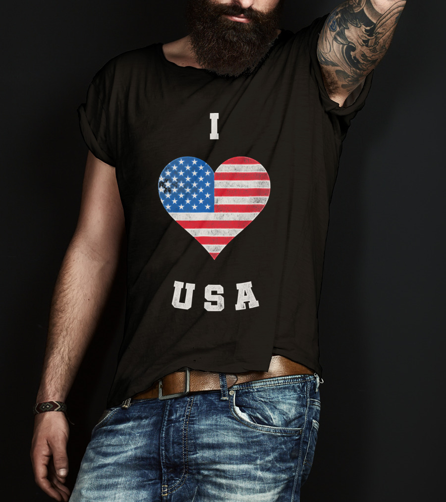 I Heart USA I Love USA America Patriot American Flag Heart T-Shirt