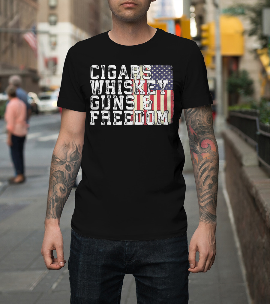 Cigars Whiskey Guns And Freedom American Flag T-Shirt