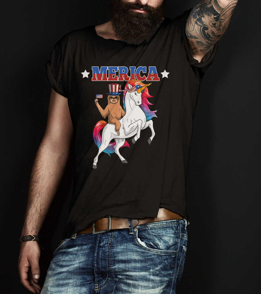 Merica Sloth Riding Patriotic Unicorn With USA American Flag T-Shirt