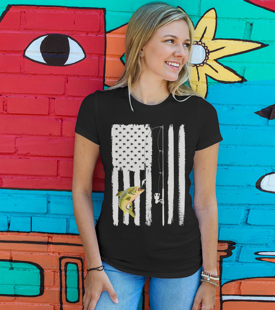 American Flag Fishing Pole With Fish USA Patriotic T-Shirt