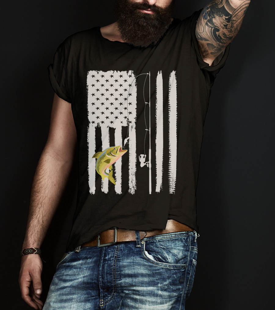 American Flag Fishing Pole With Fish USA Patriotic T-Shirt