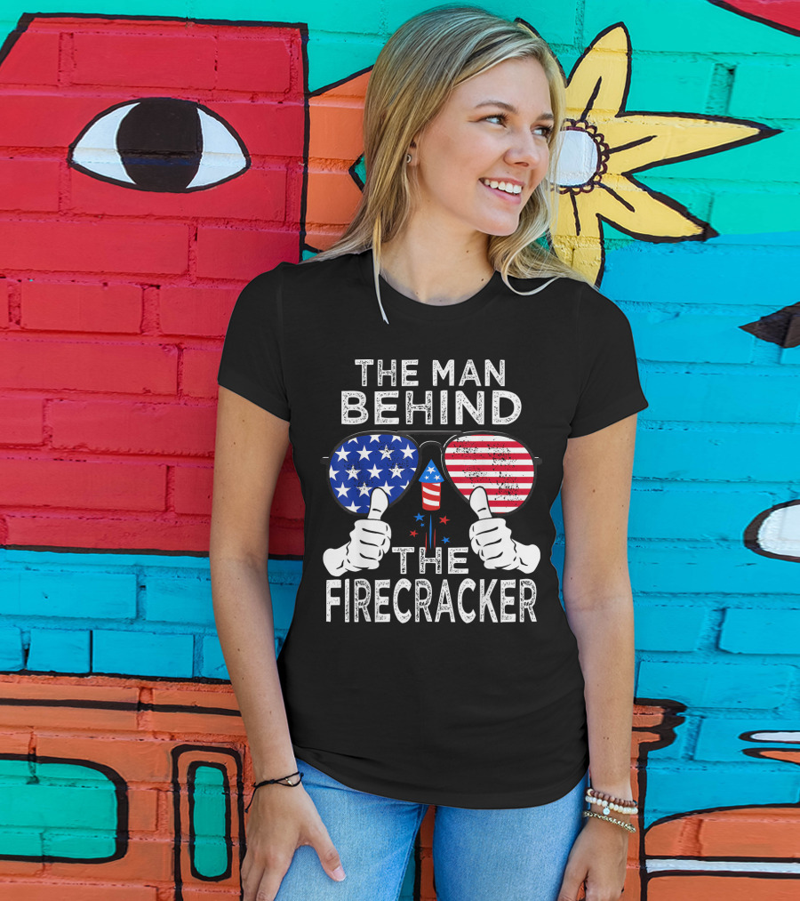 The Man Behind The Firecracker Patriotic Sunglasses Stars Stripes T-Shirt