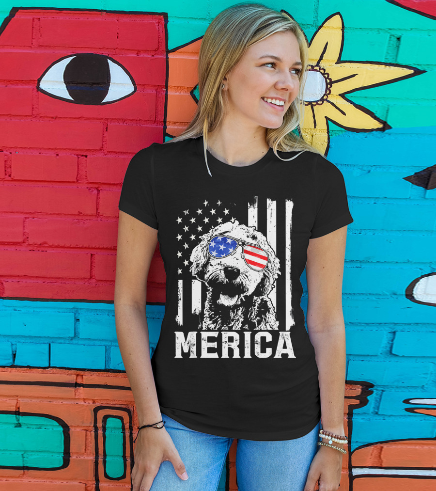 Merica Goldendoodle With American Flag Sunglasses And Stripes T-Shirt