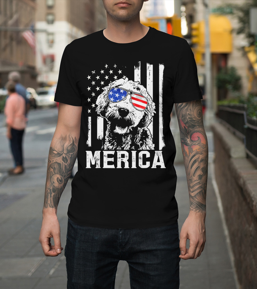 Merica Goldendoodle With American Flag Sunglasses And Stripes T-Shirt