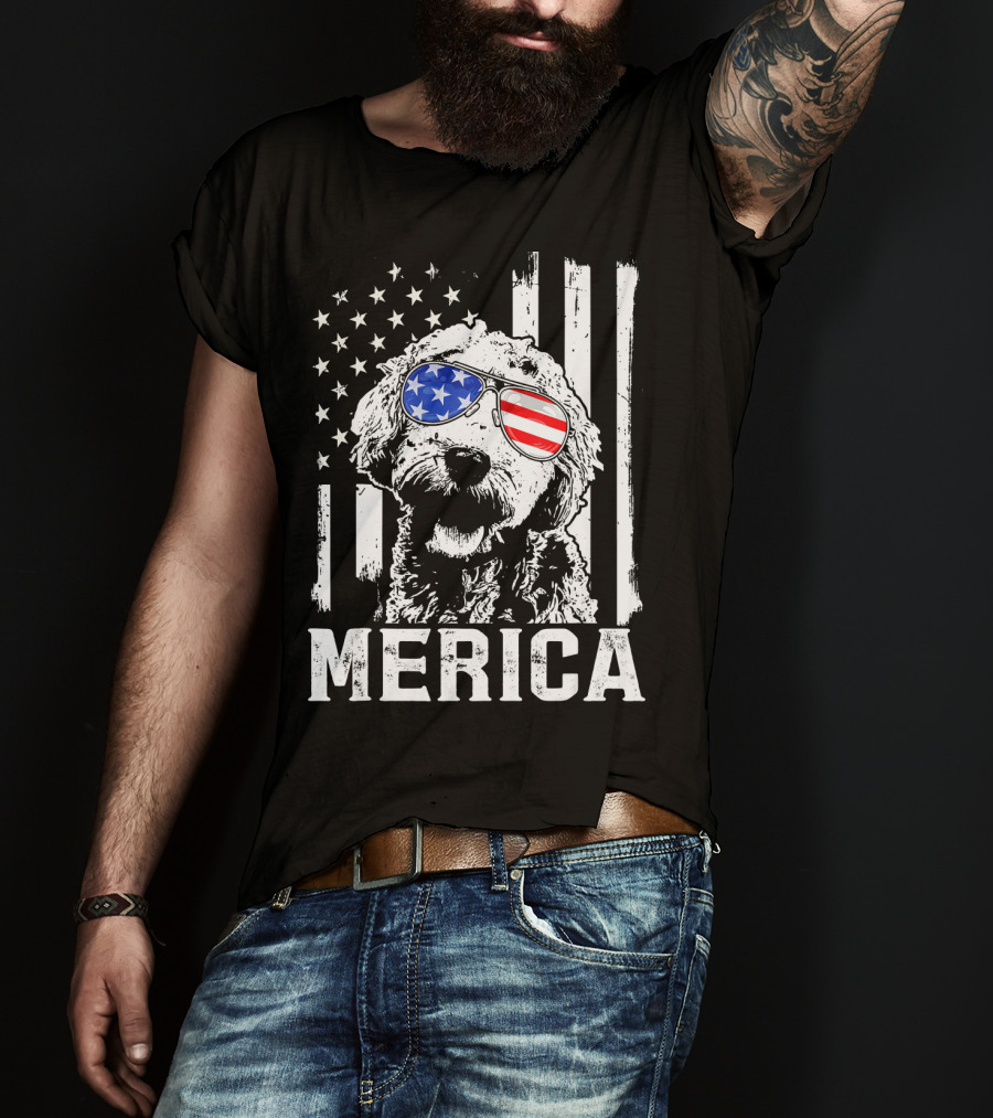 Merica Goldendoodle With American Flag Sunglasses And Stripes T-Shirt