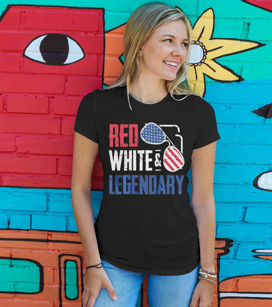 Red White And Legendary American Sunglasses USA Flag T-Shirt