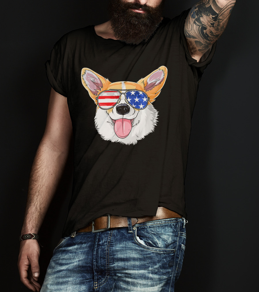 Patriotic Corgi With American Flag Sunglasses T-Shirt