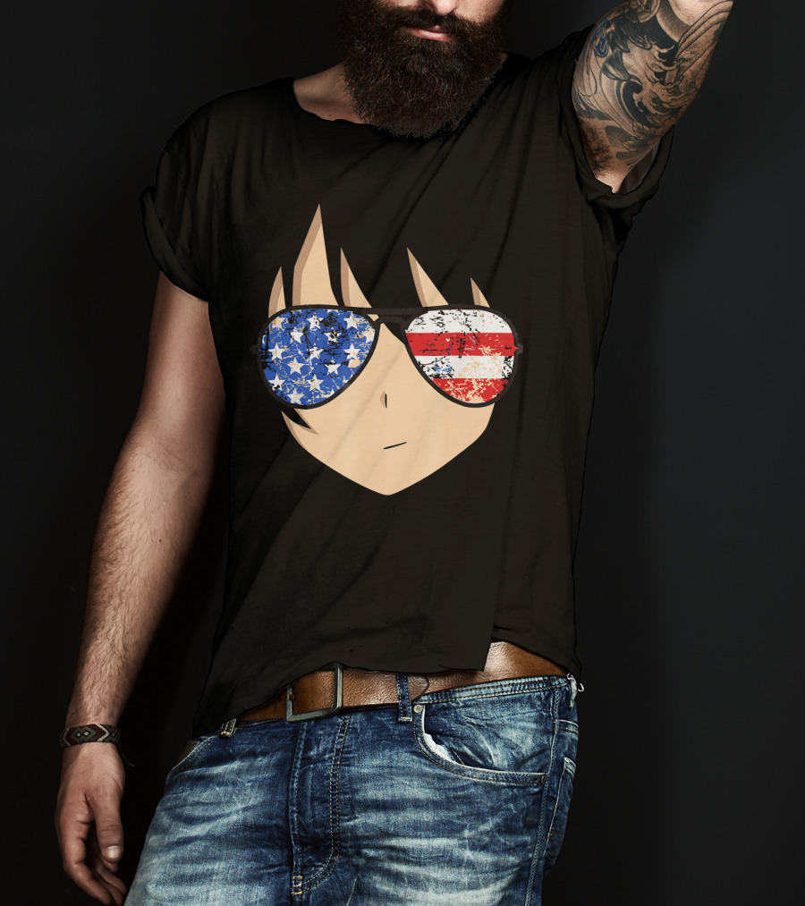 American Anime Face With Stars And Stripes USA Sunglasses T-Shirt
