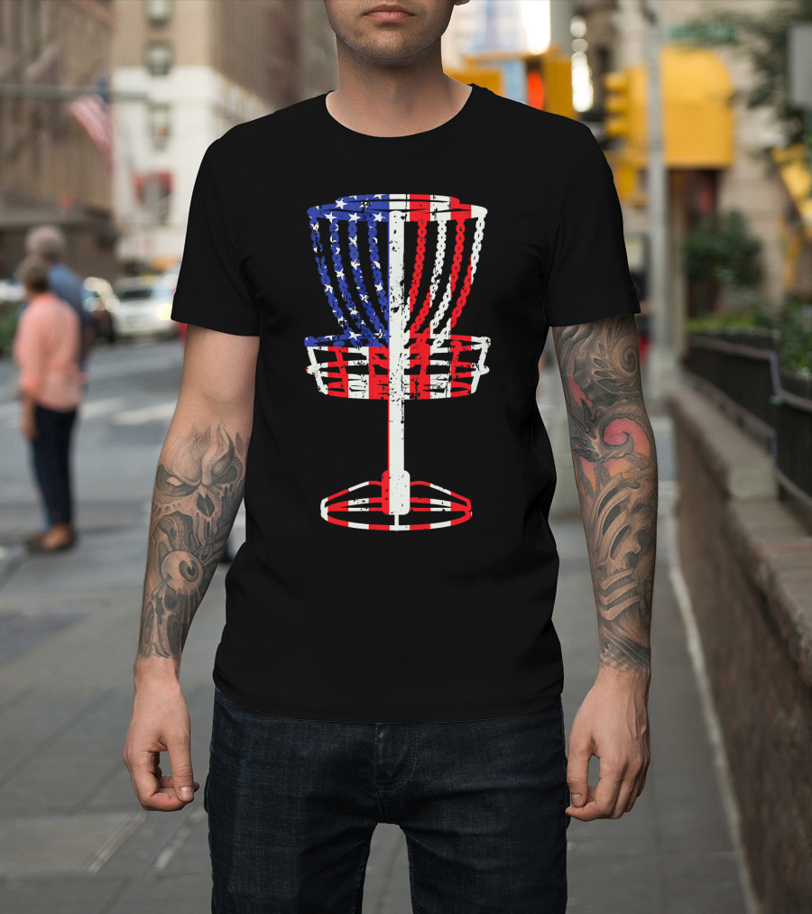 Patriotic USA Disc Golf Basket American Flag Frisbee Golfing T-Shirt