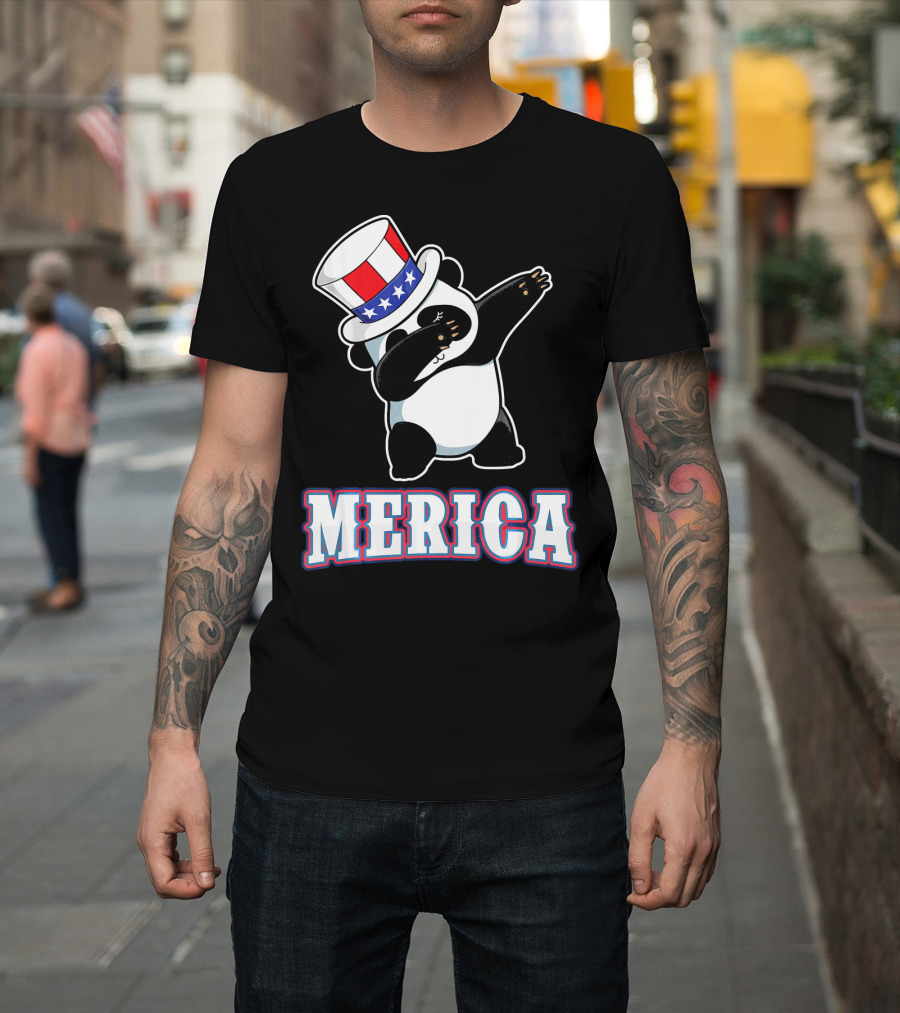Merica Dabbing Panda in American Flag Top Hat T-Shirt