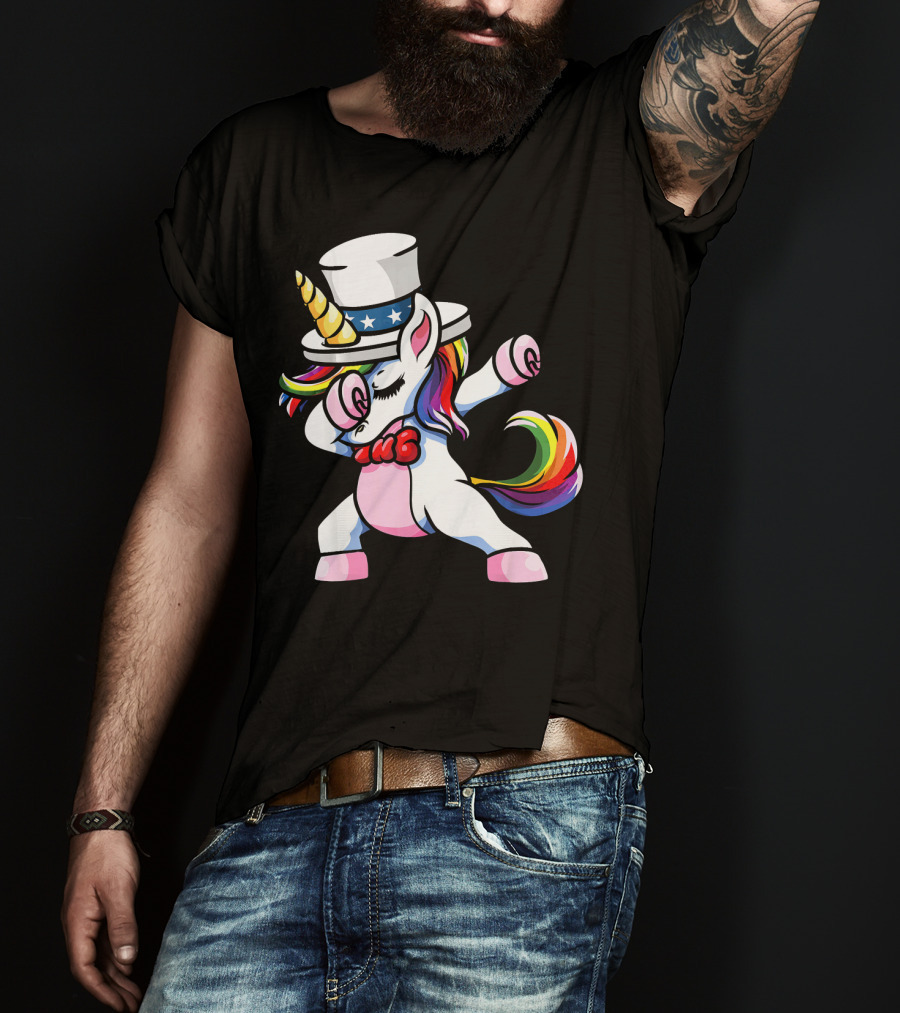 Girls Dabbing Unicorn With Patriotic American Hat T-Shirt