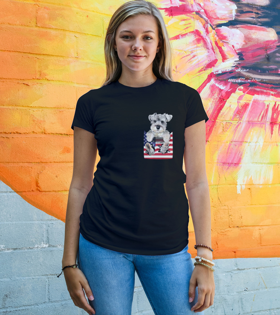 Schnauzer Dog In Pocket With American Flag T-Shirt