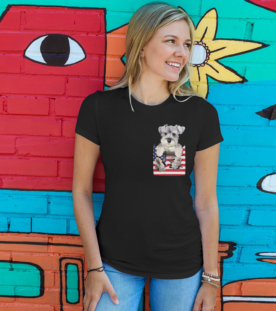 Schnauzer Dog In Pocket With American Flag T-Shirt