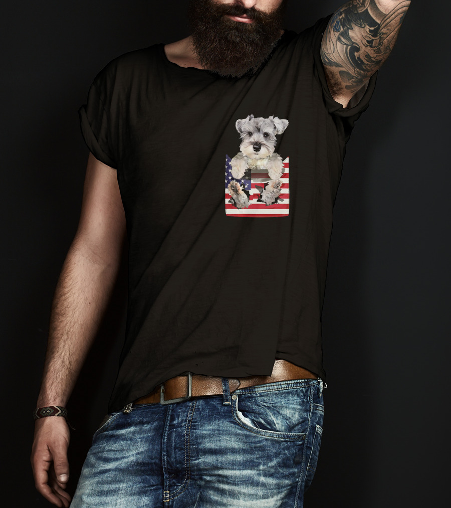 Schnauzer Dog In Pocket With American Flag T-Shirt