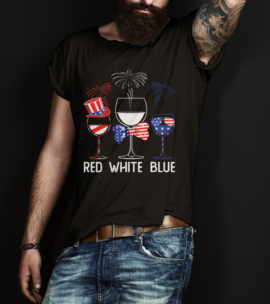 Red White Blue Wine Glasses Patriotic Fireworks USA T-Shirt