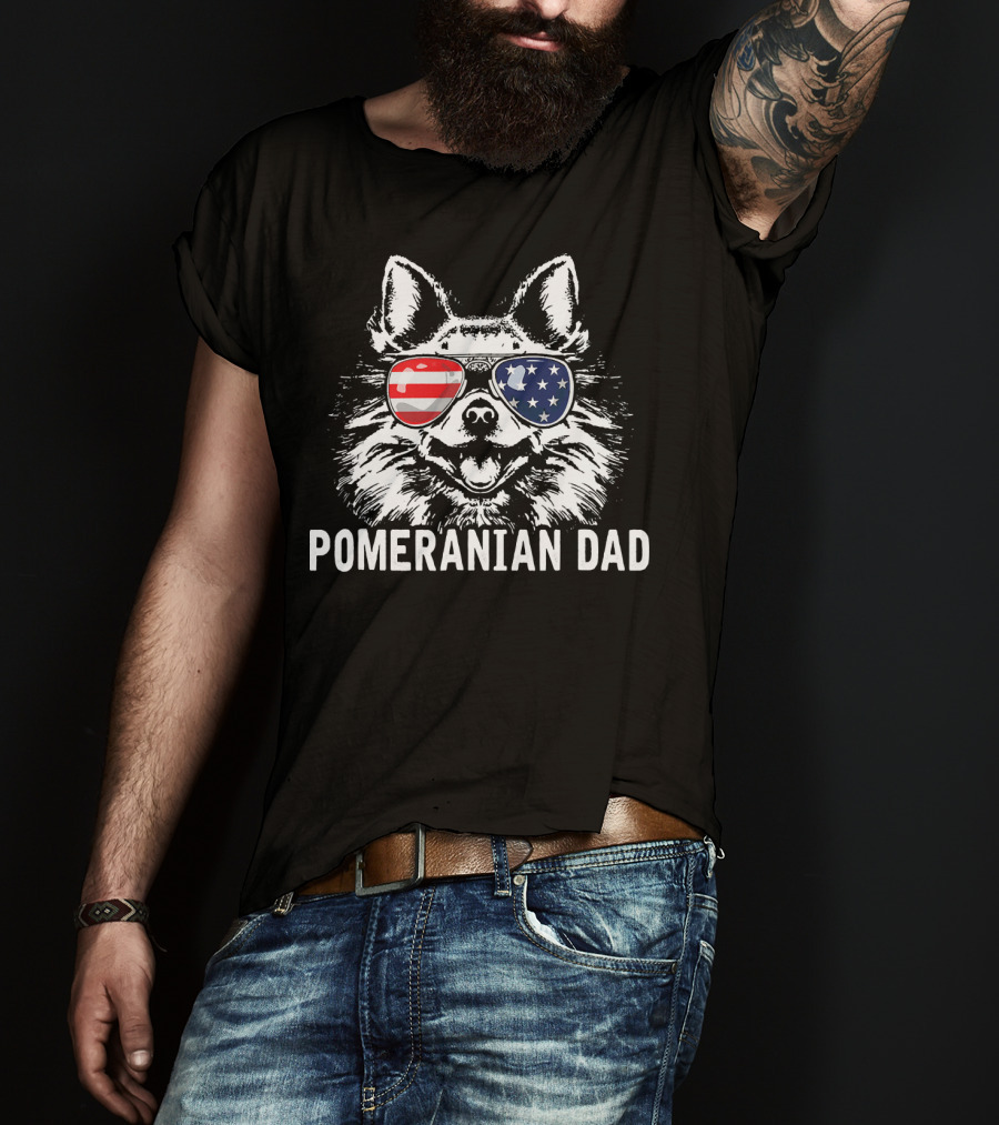 Pomeranian Dad American Flag Sunglasses T-Shirt