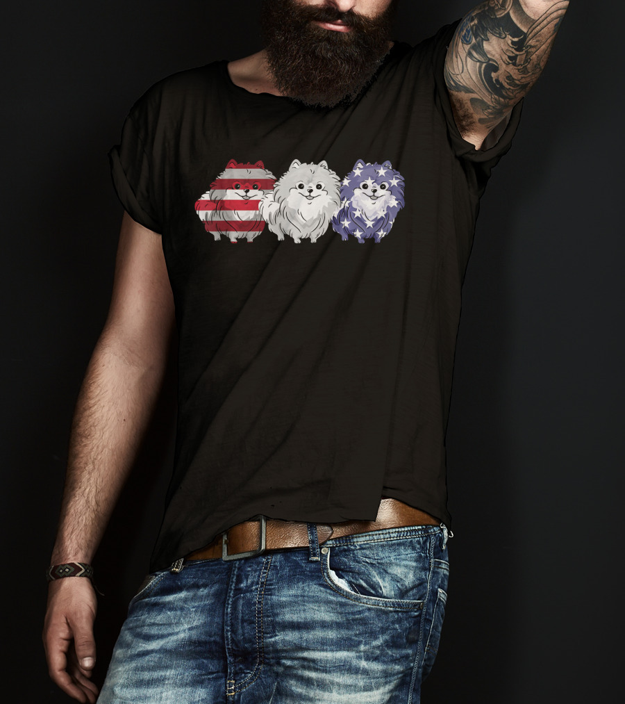 Patriotic Pomeranian Dog Lover American Flag Trio T-Shirt